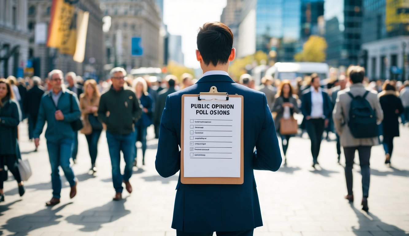 A person holding a clipboard with a list of public opinion poll questions, standing in a crowded city square with diverse people passing by