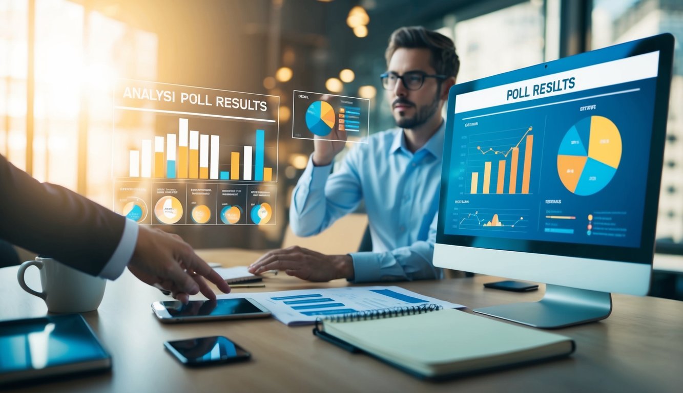 A person analyzing poll results, surrounded by charts, graphs, and a computer. A phone and notebook are nearby