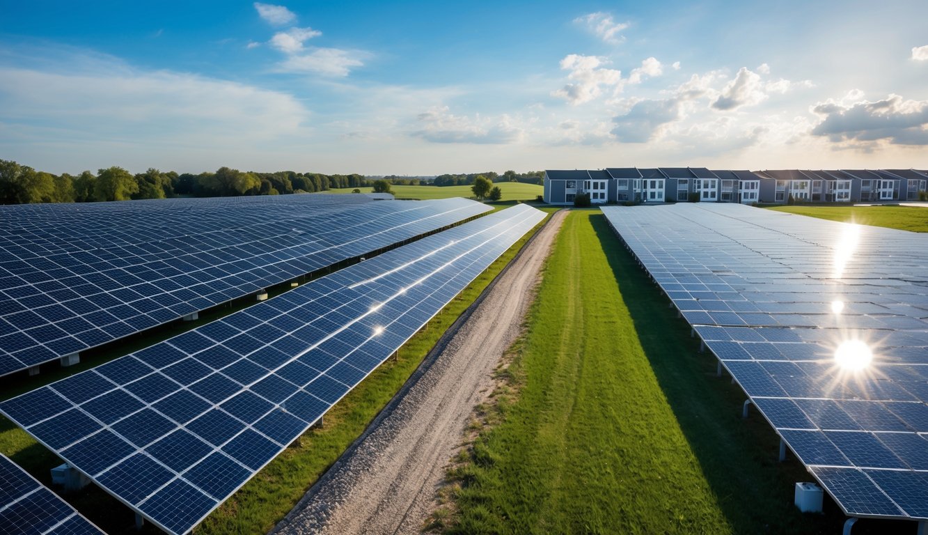 A solar panel array covering a vast expanse of land, with sunlight gleaming off the shiny surfaces. Nearby, a row of modern homes and buildings are powered by the clean energy source