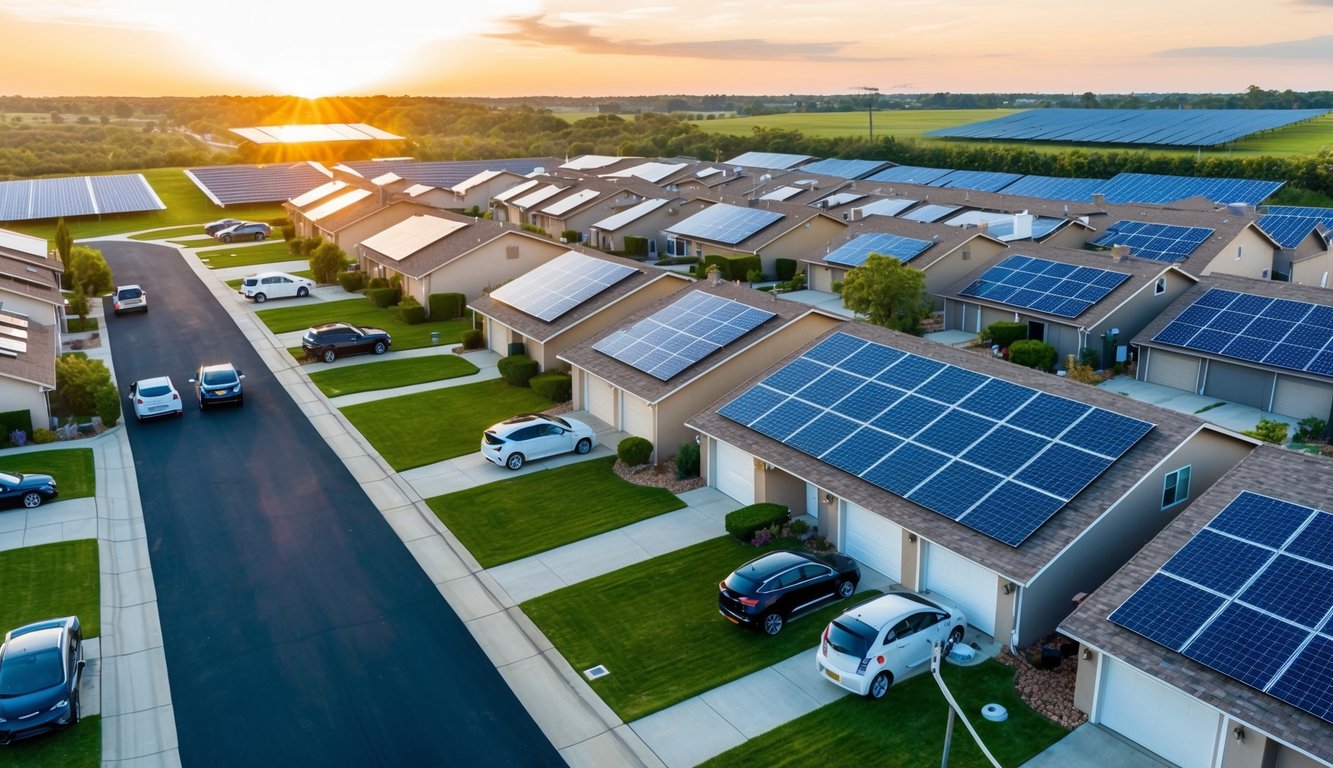 A suburban neighborhood with solar panels on rooftops, electric vehicles in driveways, and a solar farm on the outskirts