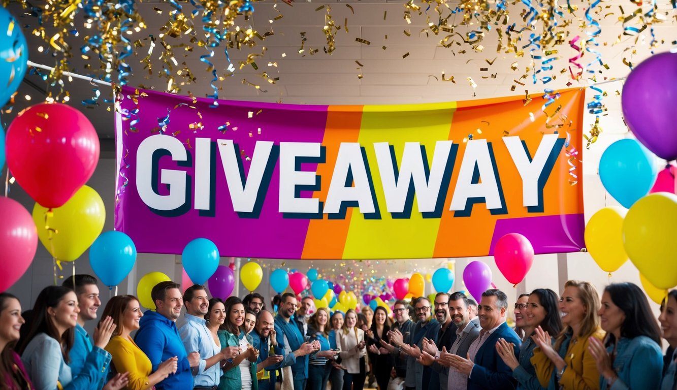 A colorful banner with a bold "Giveaway" message, surrounded by festive confetti and balloons. A line of excited people forms, eagerly awaiting their chance to win