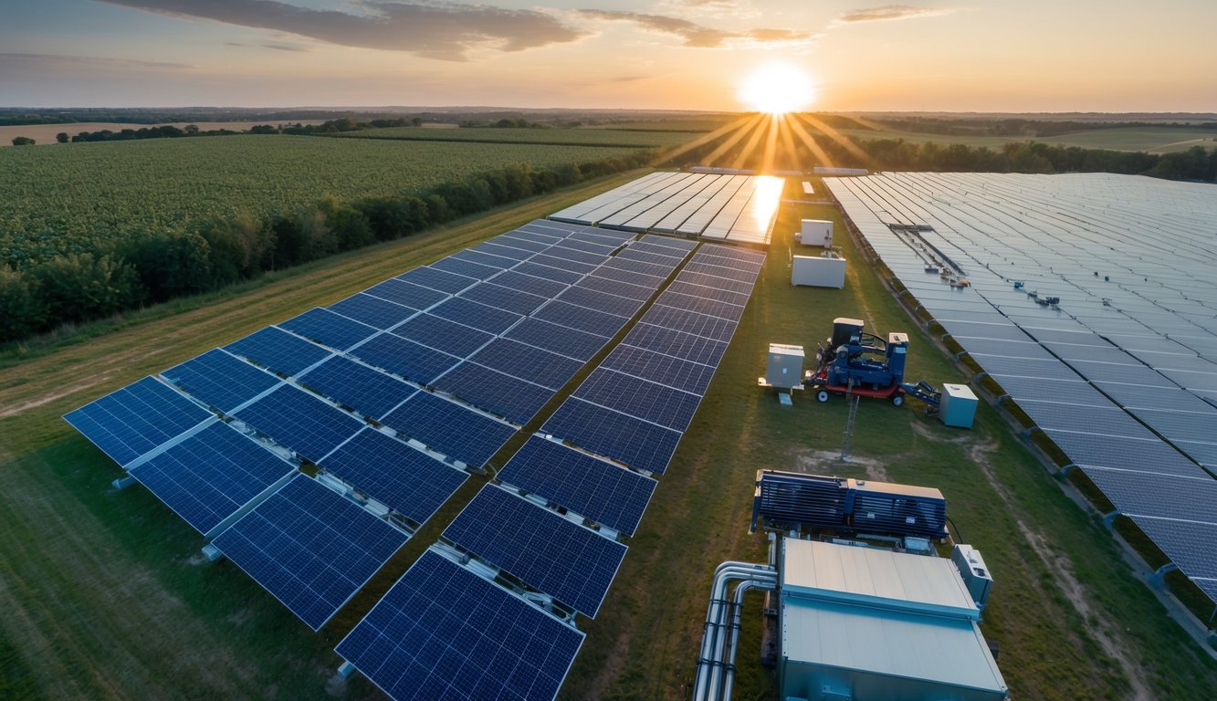 A solar panel array covers a vast expanse of land, soaking up the sun's rays. Nearby, advanced solar technology equipment and machinery are being used to harness and store the renewable energy