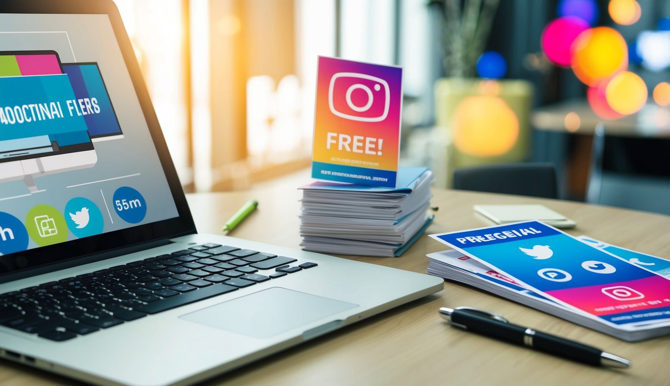 A table with a laptop, notebook, and pen. A stack of promotional flyers and social media icons. Bright, eye-catching colors and a sense of excitement and anticipation