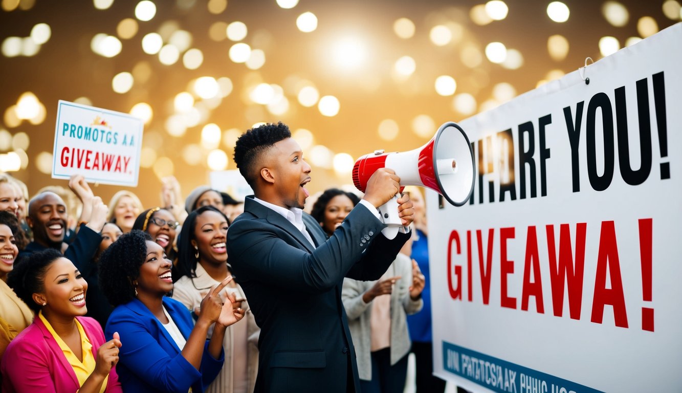 A person holding a megaphone and pointing to a large sign promoting a giveaway. A crowd of excited people gathers around, eager to participate