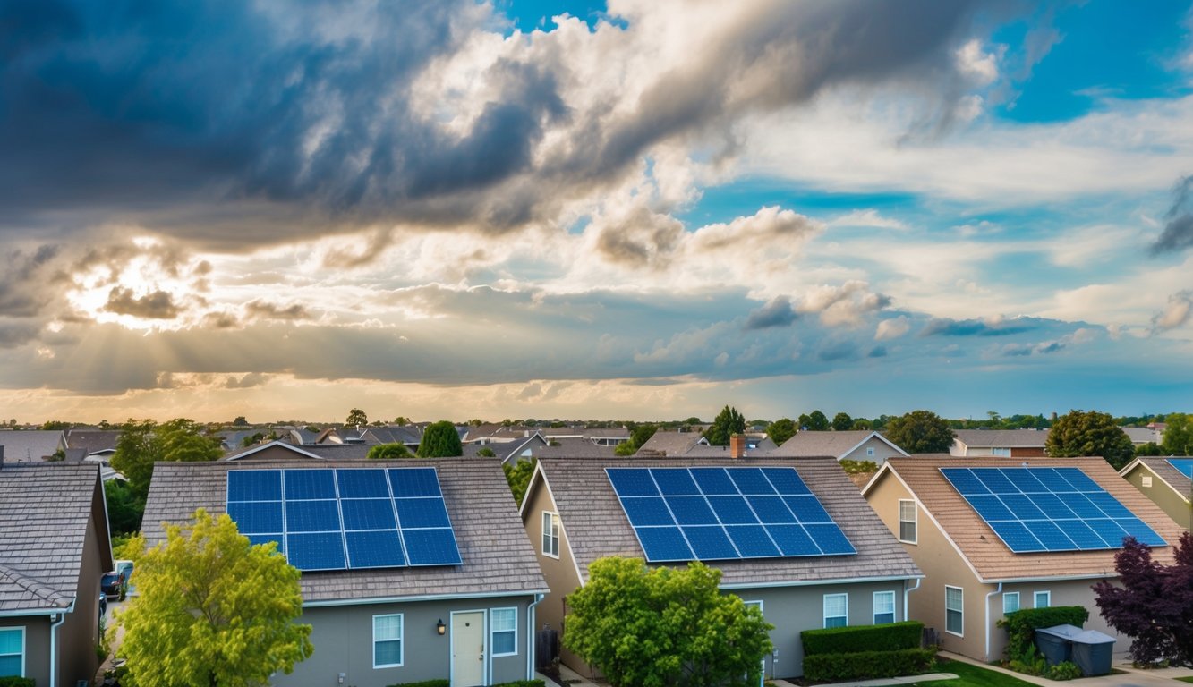 A suburban neighborhood with traditional houses and a few solar panels on rooftops. A mix of cloudy and sunny skies, hinting at the challenges and potential of solar adoption