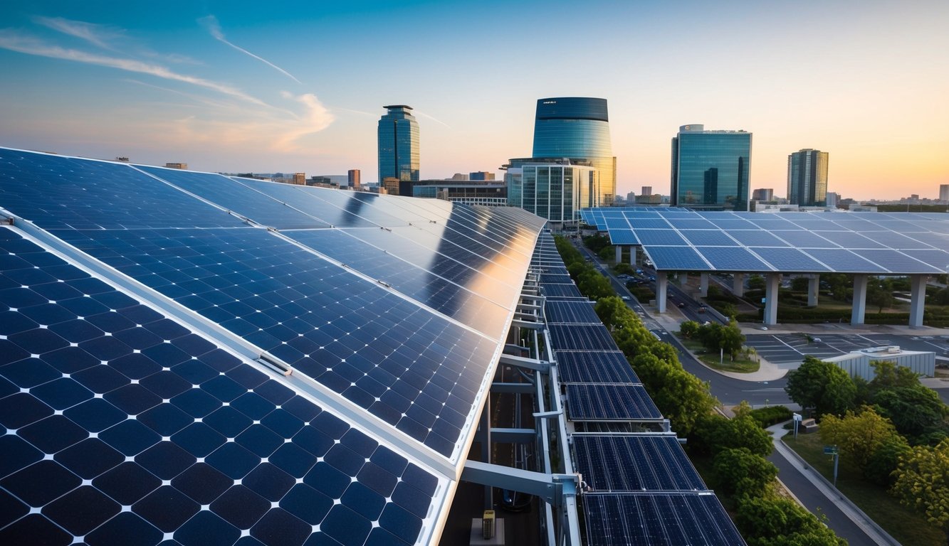 A modern solar panel array is seamlessly integrated into a bustling urban grid, with energy flowing from the panels into the surrounding infrastructure