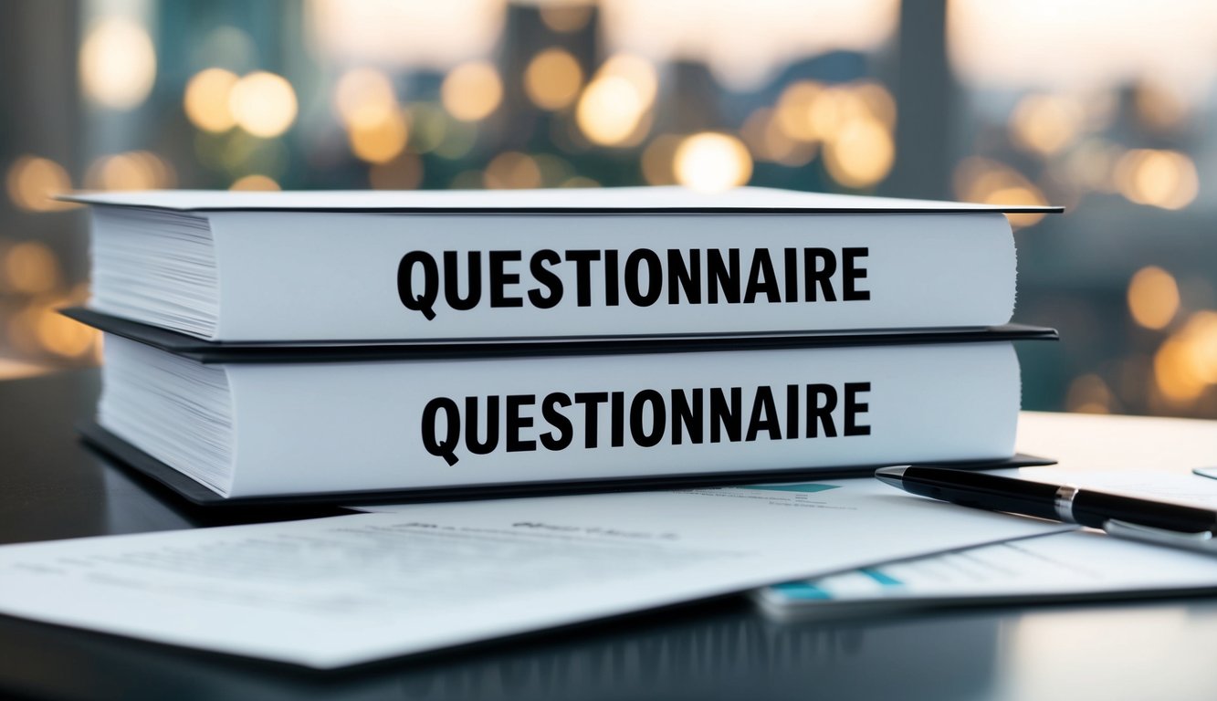 A stack of papers, one labeled "questionnaire" and the other "questionaire," sit side by side on a desk. A pen hovers over them, as if in contemplation