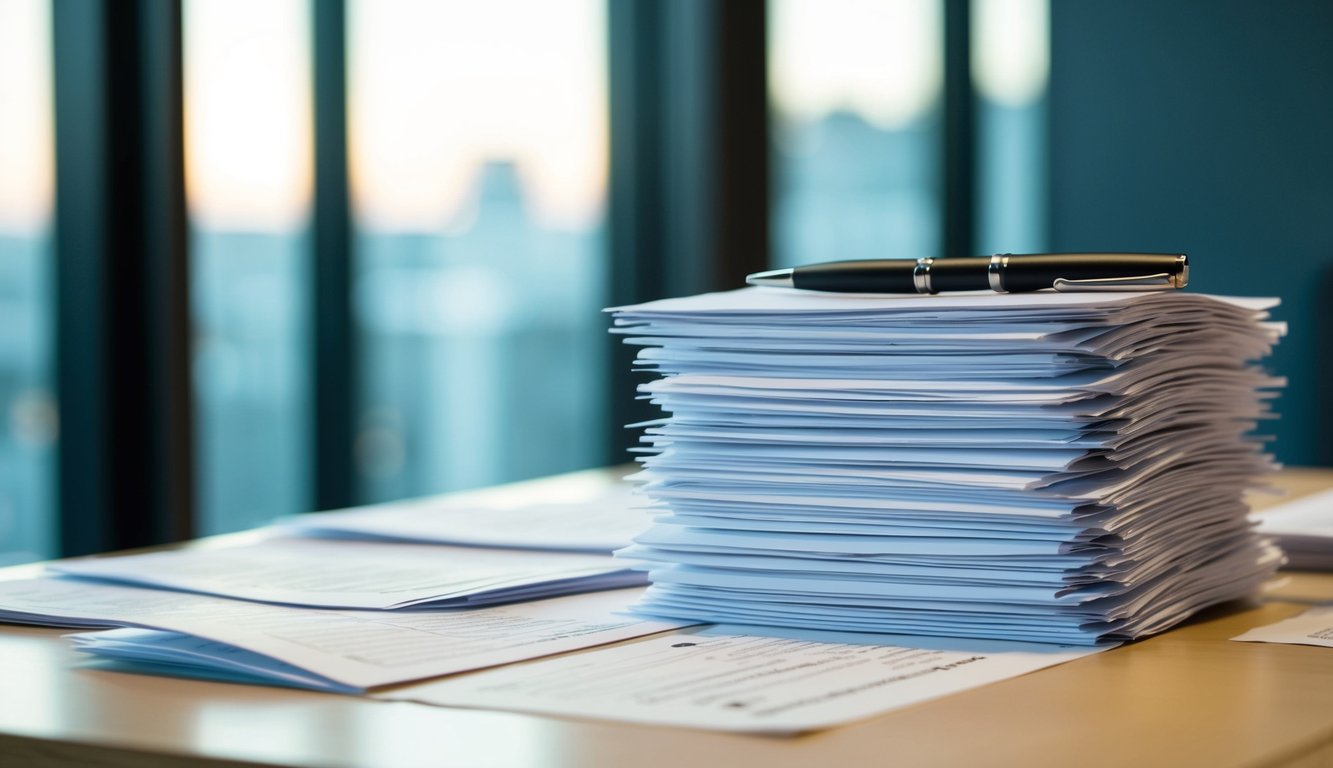 A stack of questionnaires and surveys arranged neatly on a desk, with a pen placed on top ready for filling out