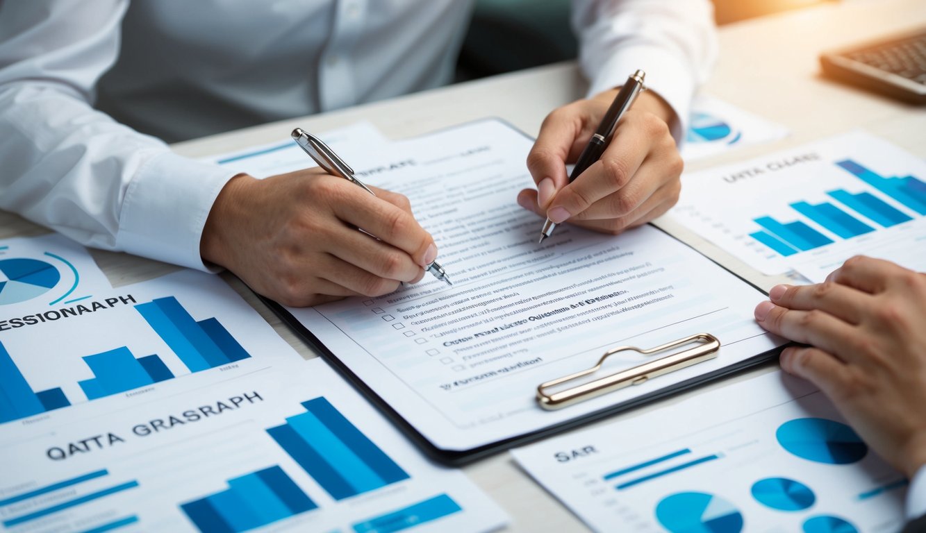 A person completing a questionnaire with a pen, surrounded by data charts and graphs