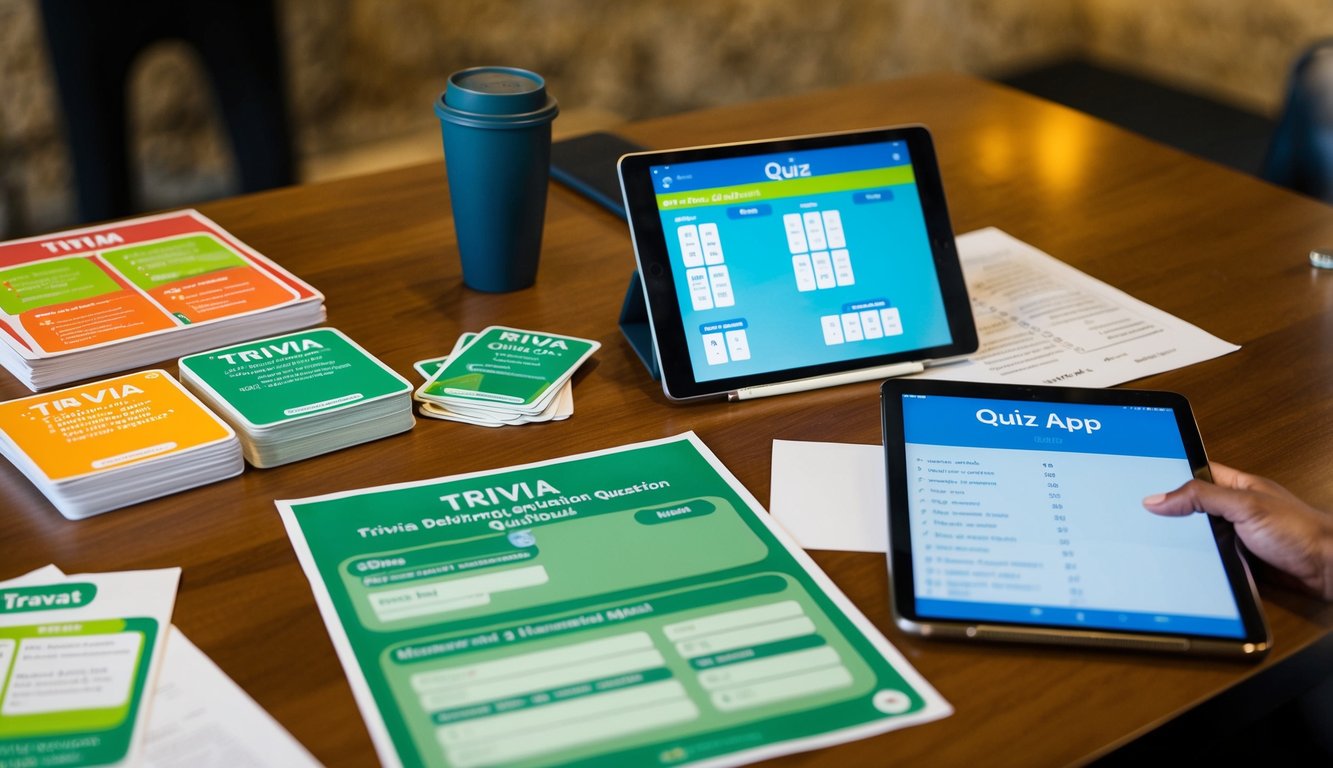 A table with a variety of quiz materials: trivia cards, multiple-choice question sheets, and a digital quiz app open on a tablet