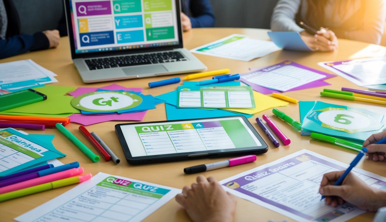 A table with various quiz materials scattered, surrounded by colorful pens and markers. A laptop displaying different quiz templates