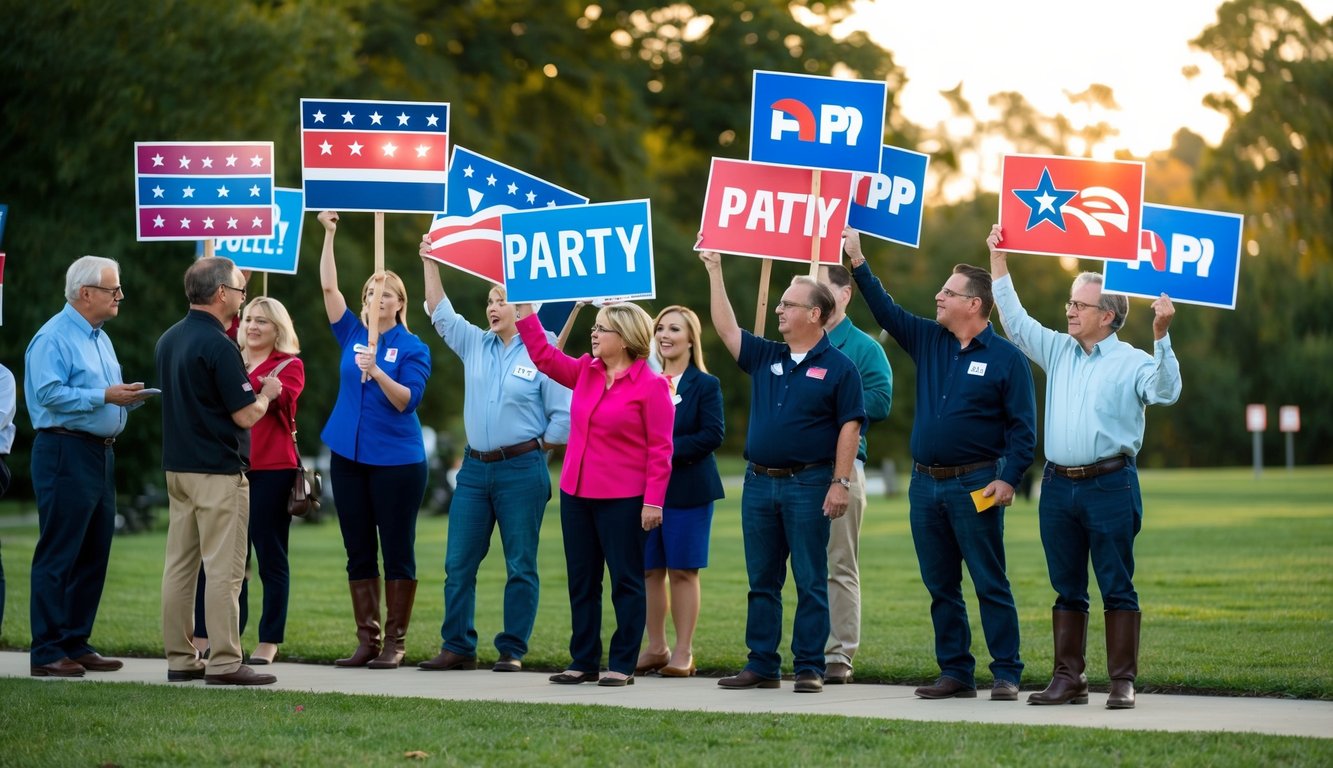 A group of people standing in line, holding up signs with different political party symbols and colors. A pollster is asking them questions