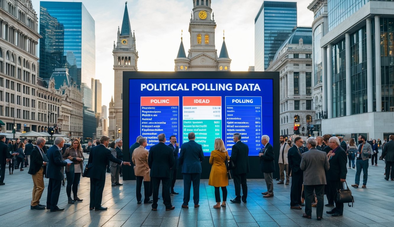 A bustling city square with a large digital display showing political polling data. People gather around, pointing and discussing the results