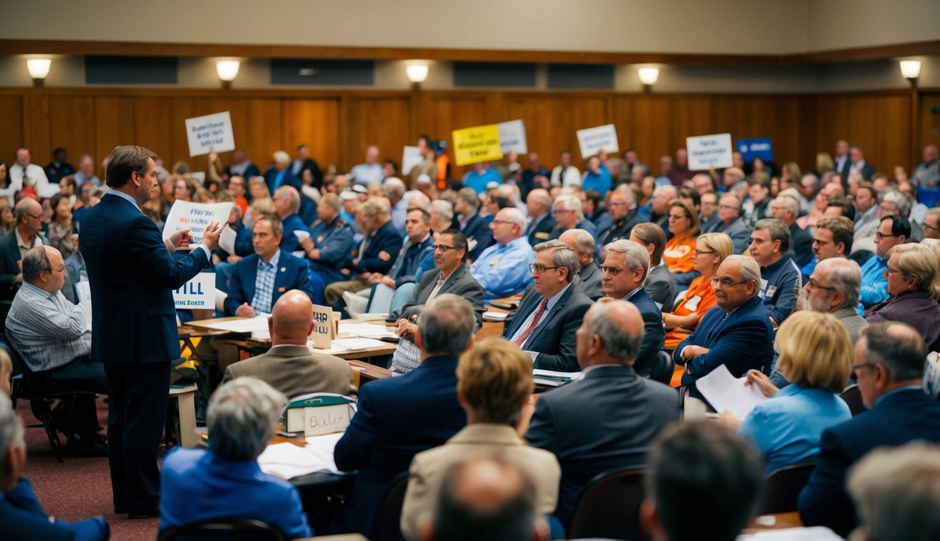 A crowded town hall meeting, with a mix of people holding signs and engaging in heated discussions. A pollster stands at the front, taking notes