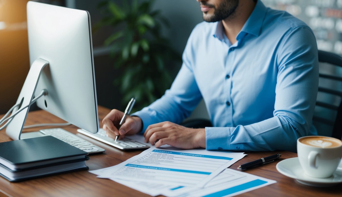 A person sitting at a desk with a computer and a stack of papers, writing questions and options for a survey. A pen and a cup of coffee are nearby