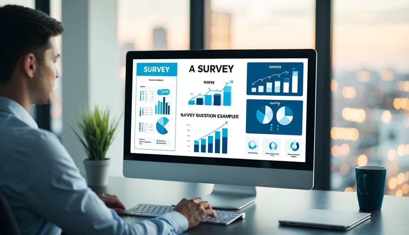 A person at a desk, using a computer to design a survey. Various charts, graphs, and survey question examples displayed on the screen