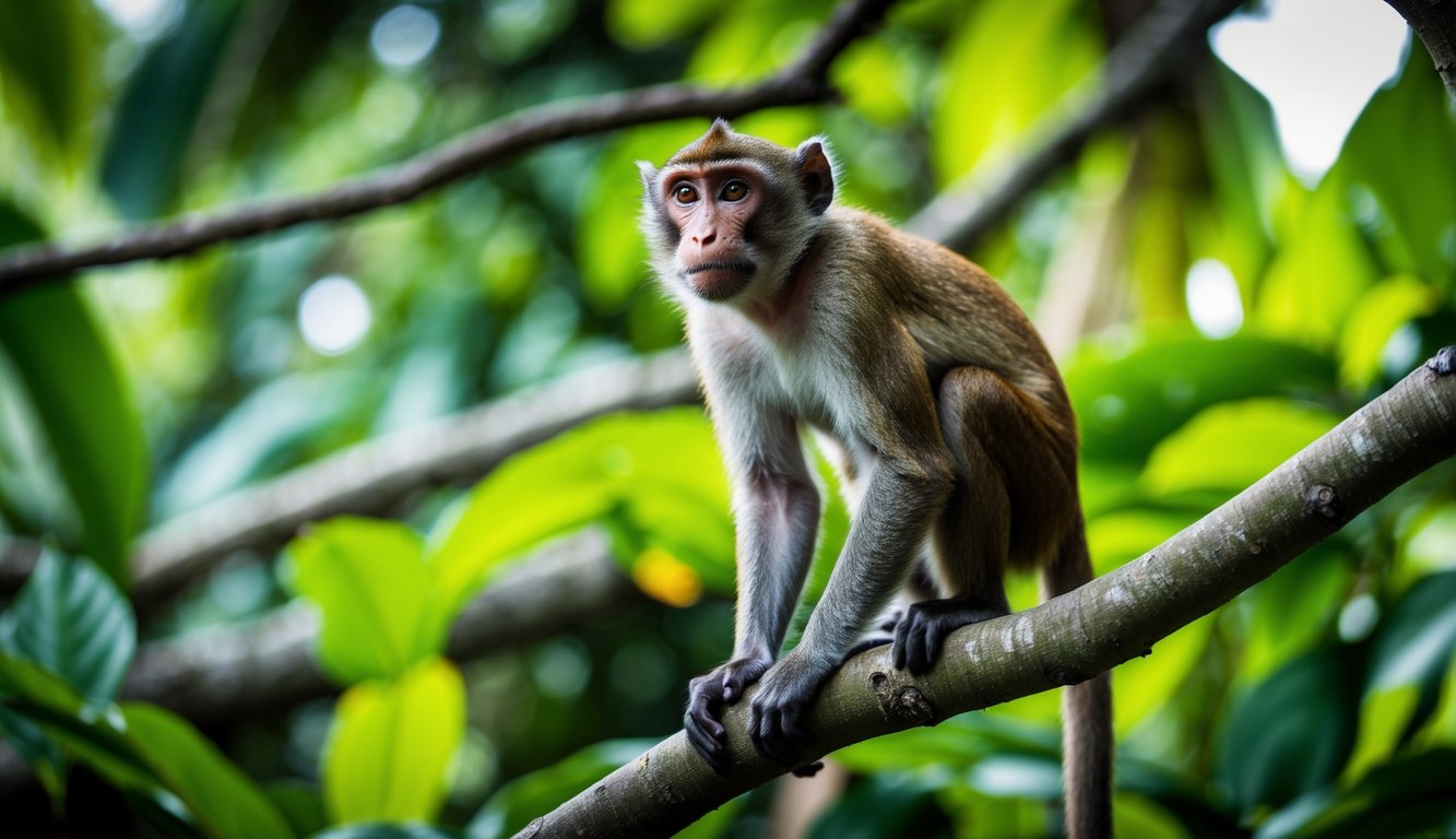 A monkey stands on a tree branch, surveying its surroundings with a curious and attentive gaze. The lush green foliage of the jungle serves as the backdrop for the inquisitive primate