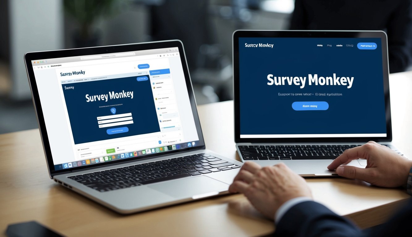 A laptop and tablet side by side, each displaying the interface of Survey Monkey. A person's hand hovers over the devices, comparing core features and capabilities