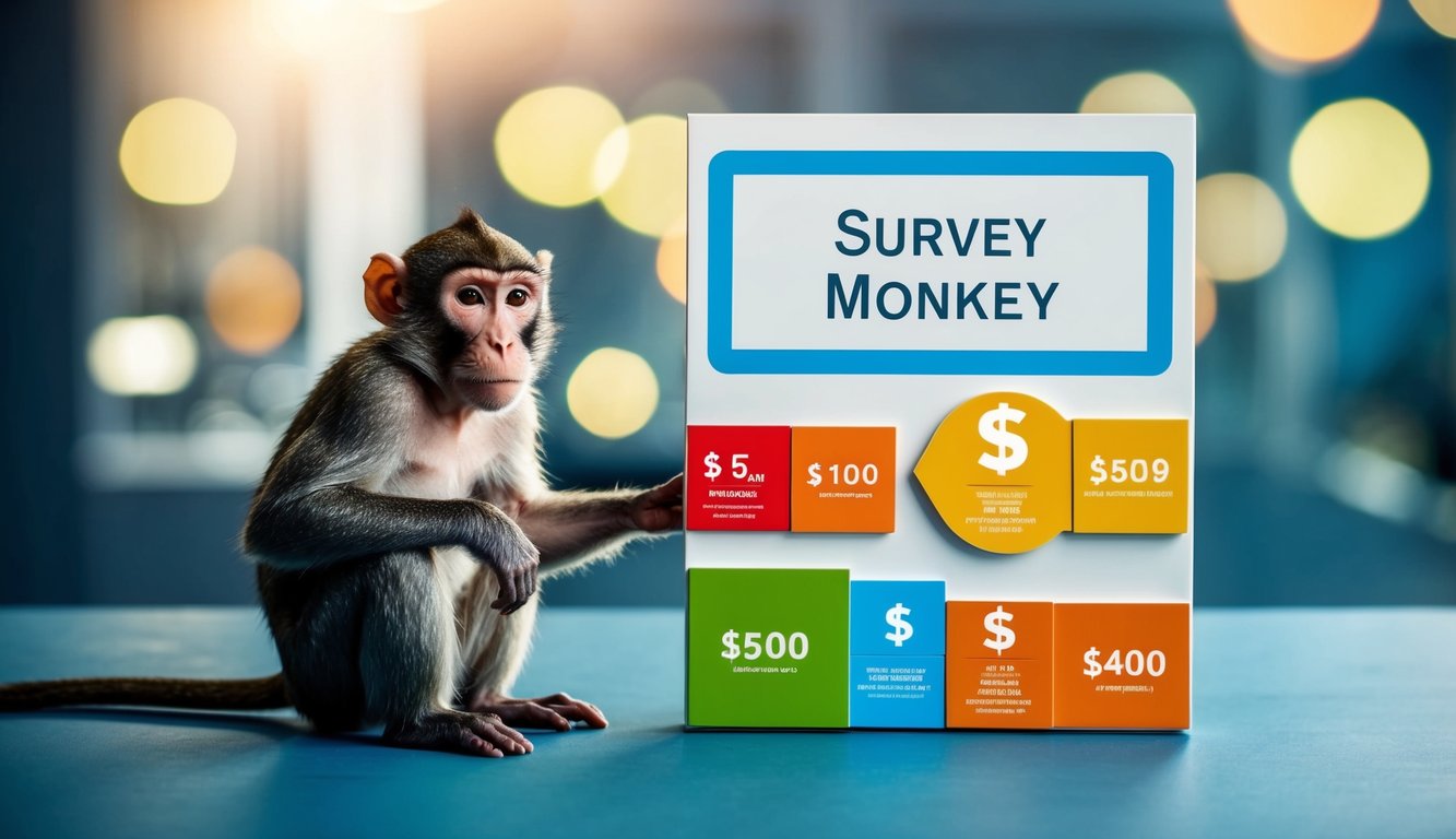 A survey monkey and a set of pricing plans are displayed next to various integration options