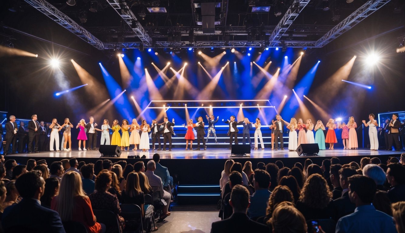 A crowded room with people showcasing their talents on stage, while judges observe and score the performances. Bright lights illuminate the contestants as they compete for the top prize