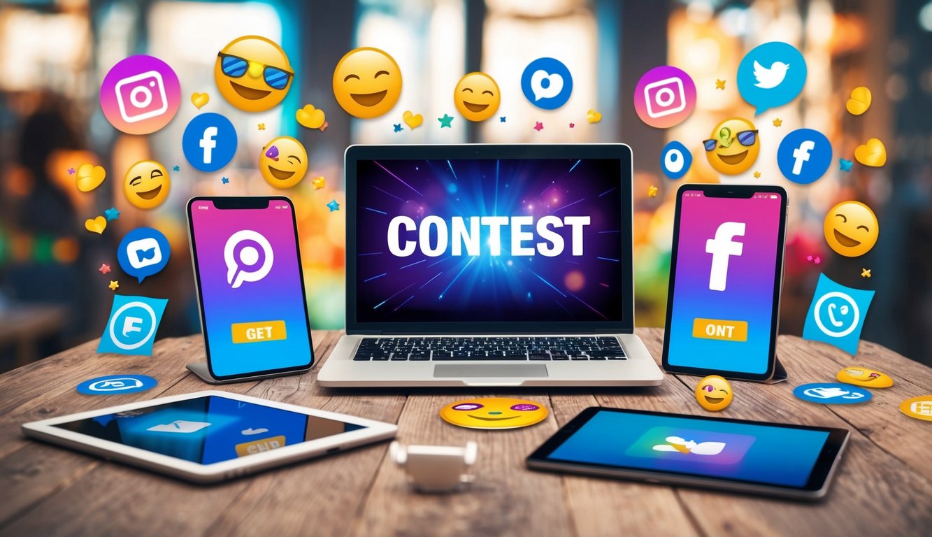 A vibrant social media contest scene with a laptop, smartphone, and tablet surrounded by colorful graphics, emojis, and engagement symbols