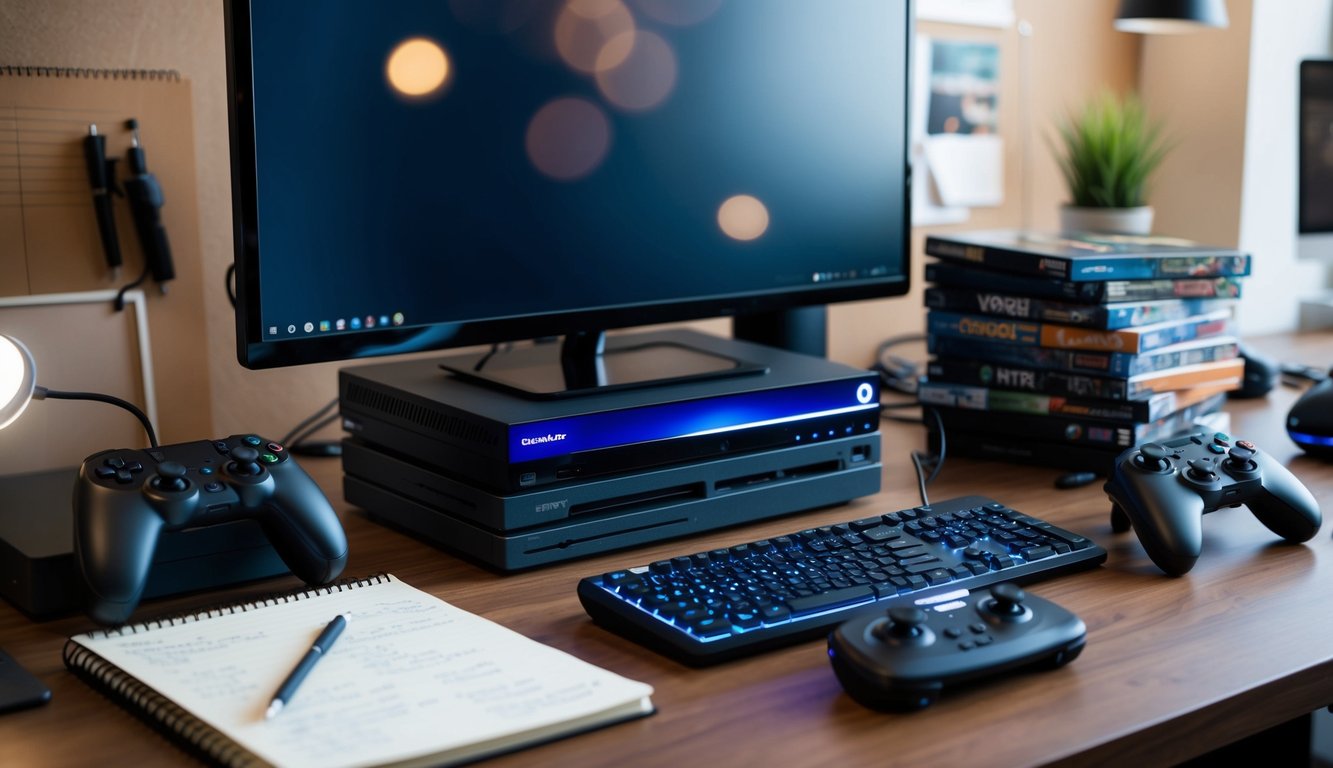 A desk cluttered with gaming consoles, controllers, and a computer. A stack of game cases sits next to a notepad filled with scribbled ideas