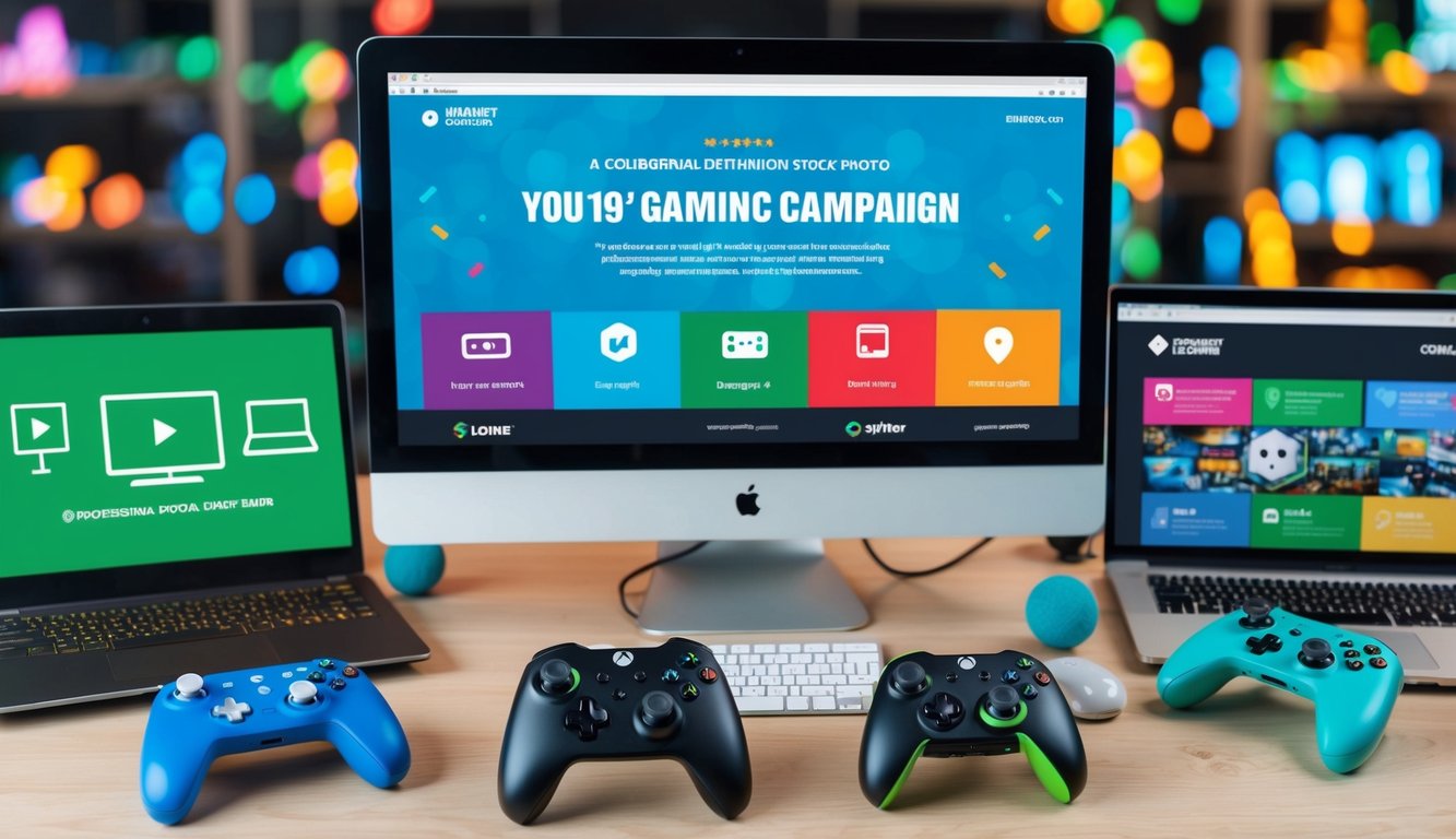 A colorful and dynamic gaming email campaign with various game controllers, computer screens, and engaging graphics