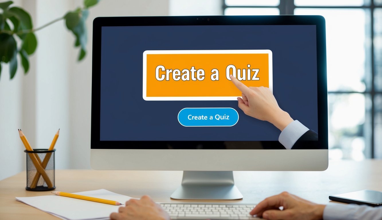 A computer screen displaying a website homepage with a "Create a Quiz" button. A hand cursor hovers over the button, ready to click. A pencil and paper sit nearby for brainstorming