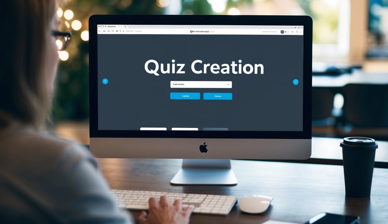 A computer screen displaying a website with a quiz creation interface. A mouse hovers over buttons and fields as the user designs their quiz