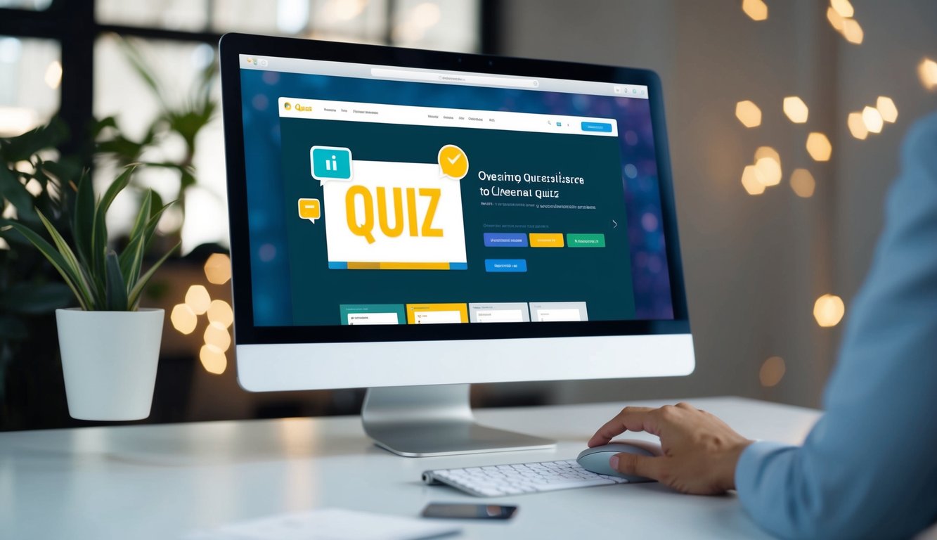 A computer screen displaying a website with a quiz creation interface open. A person's hand hovers over a mouse, clicking and dragging elements to customize the quiz