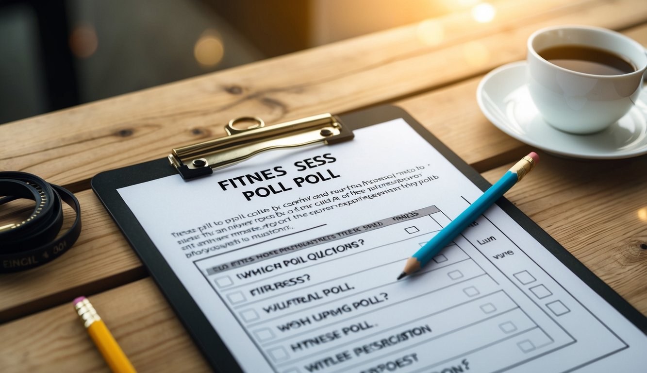 A clipboard with fitness poll questions, a pencil, and a variety of response options spread out on a wooden table