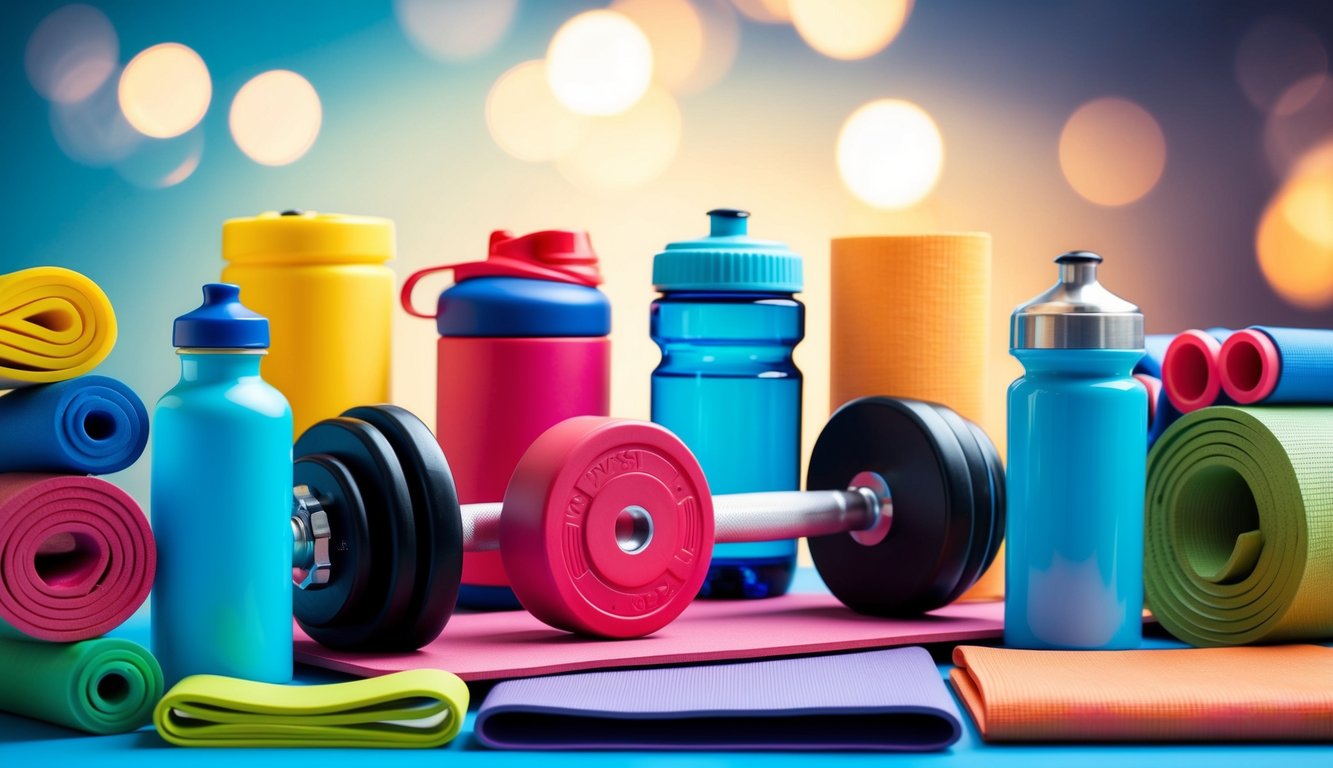 A colorful array of fitness-related objects, such as dumbbells, yoga mats, water bottles, and exercise bands, arranged in a visually appealing composition