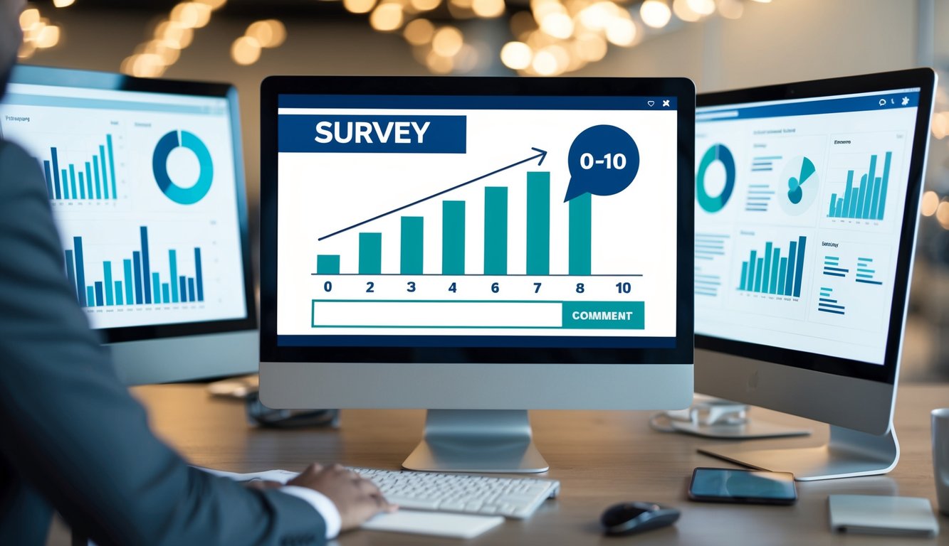 A computer screen displaying a survey with a scale of 0-10 and a comment box, surrounded by graphs and charts representing NPS data