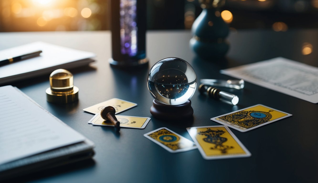 A table with a variety of objects scattered on top, such as a crystal ball, tarot cards, and a pendulum, with a pen and paper nearby