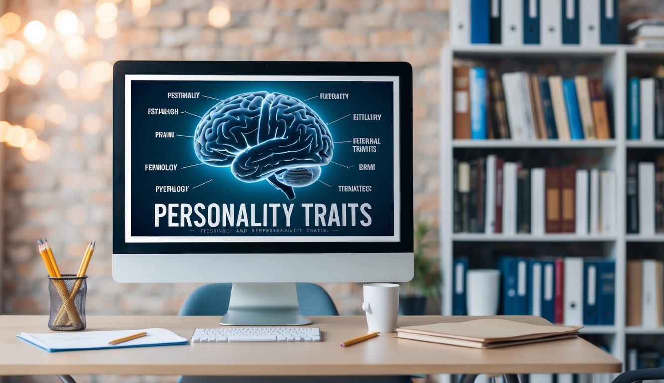 A table with a computer, pencil, and paper. A bookshelf with psychology books. A poster of a brain and personality traits