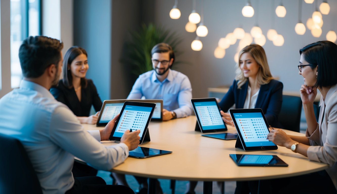 A group of individuals sitting at a table, taking a personality test on tablets or laptops, while a facilitator observes and takes notes