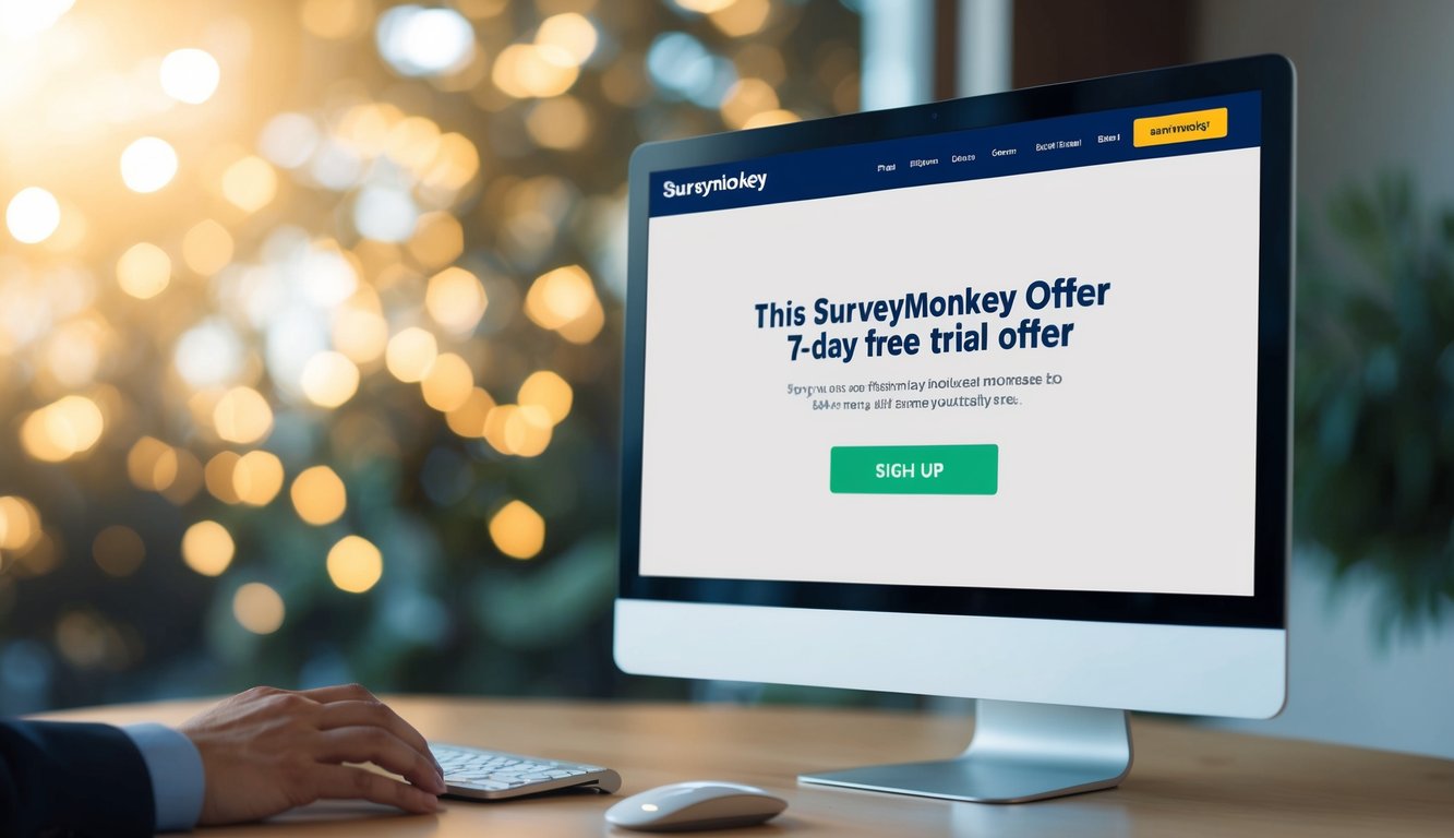 A computer screen displaying the Surveymonkey website with a 7-day free trial offer highlighted. A cursor hovers over the sign-up button