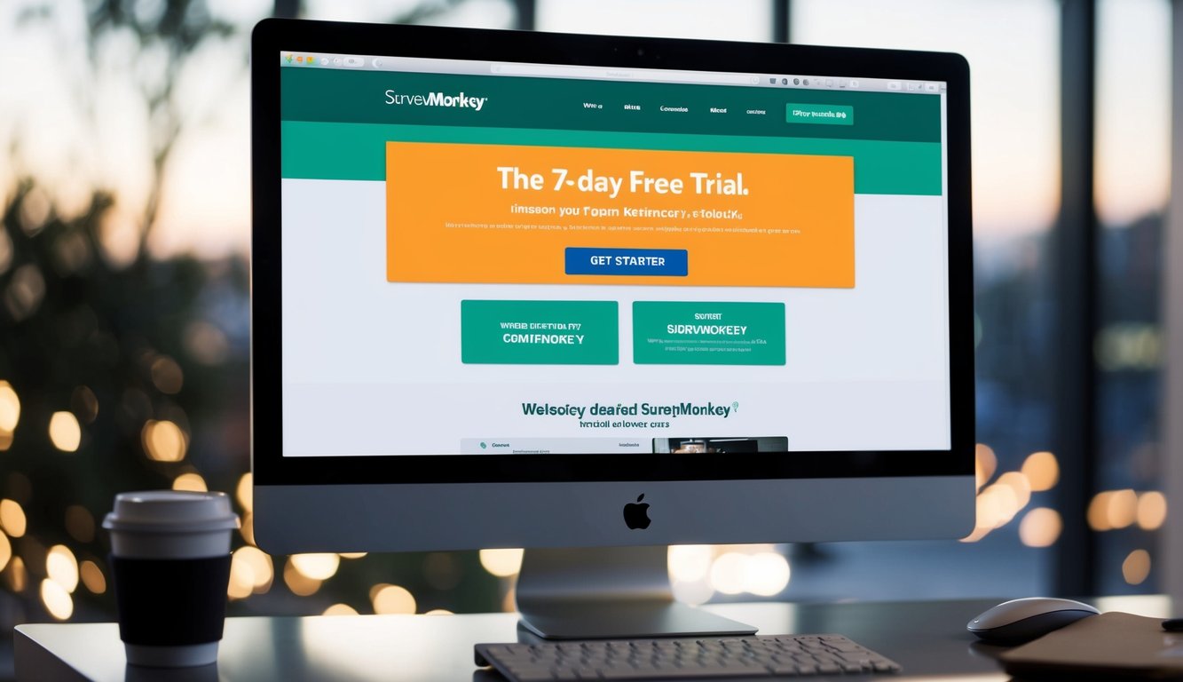 A computer screen displaying SurveyMonkey's website with a prominent banner advertising the 7-day free trial. A mouse cursor hovers over the "Get Started" button