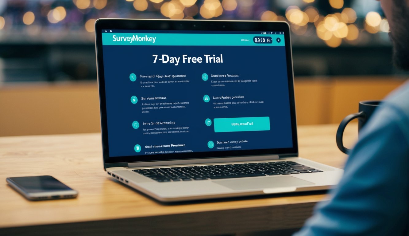 A laptop displaying SurveyMonkey's 7-day free trial page with a variety of survey questions and response options. A timer in the corner indicates the remaining trial period