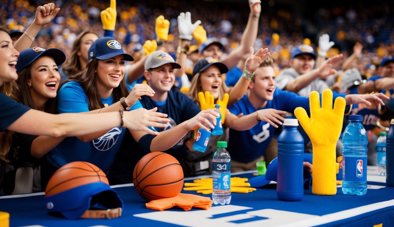 A table with various sports-related items: hats, water bottles, mini basketballs, and foam fingers. A crowd of excited fans reaching for the items