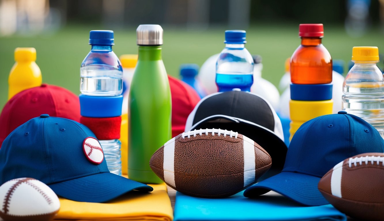 A colorful array of sports-related items arranged on a table, including baseball caps, water bottles, and mini footballs