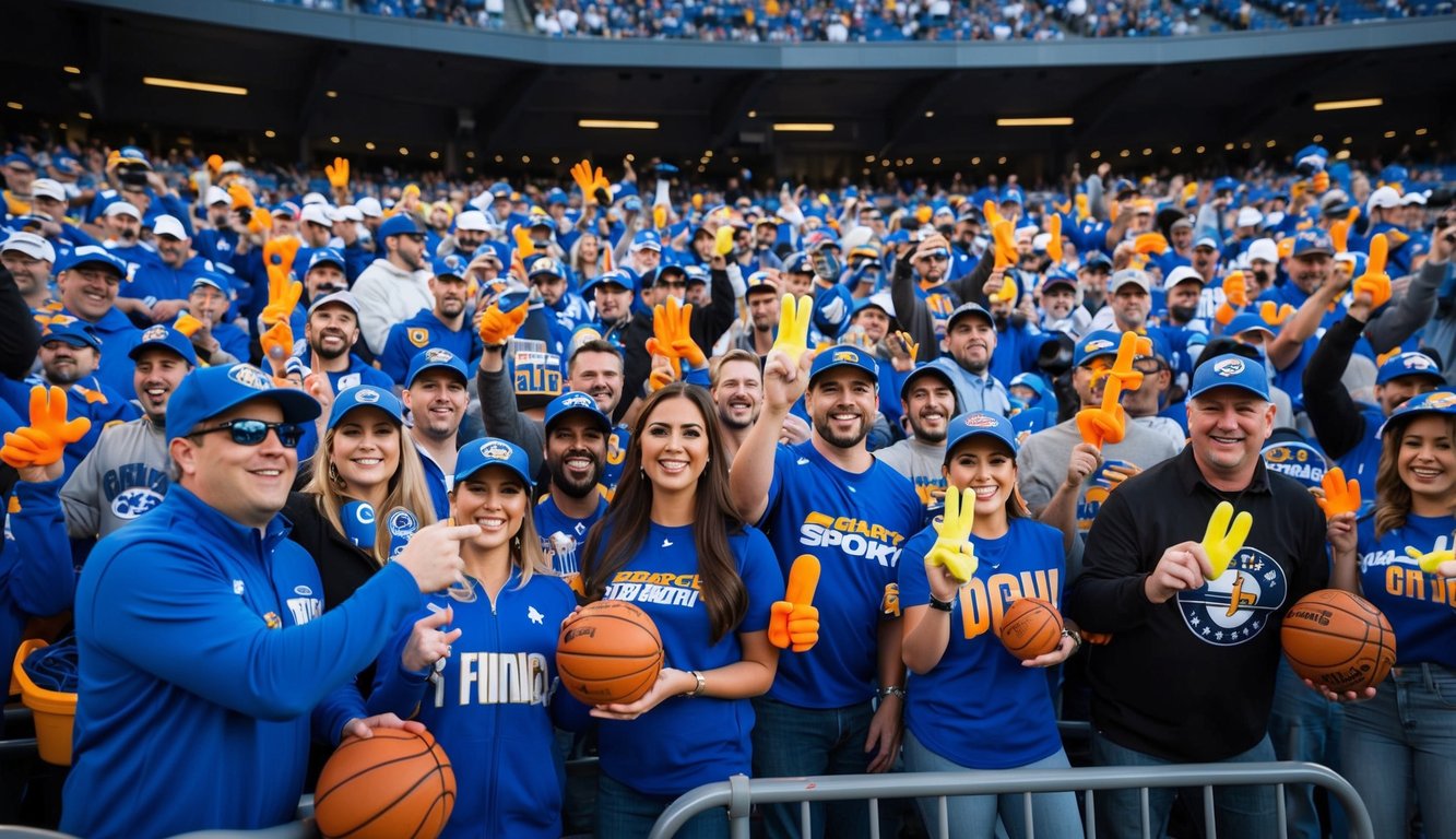 A stadium filled with excited fans holding various sports giveaway items like branded foam fingers, hats, and mini basketballs. Vendors are seen distributing the items to the crowd