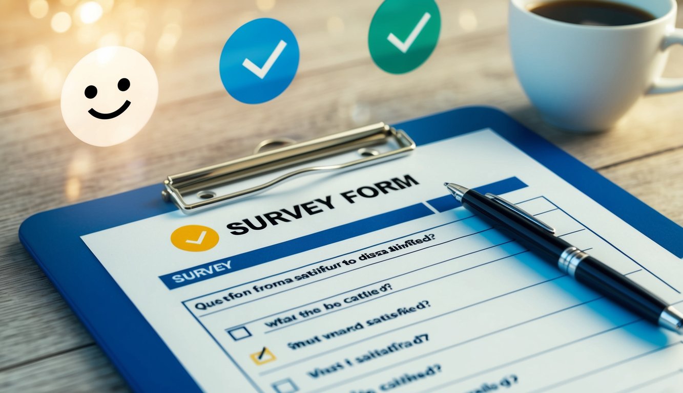 A clipboard with a survey form, a pen, and a smiling face icon. A checkmark on a question with a scale from satisfied to dissatisfied