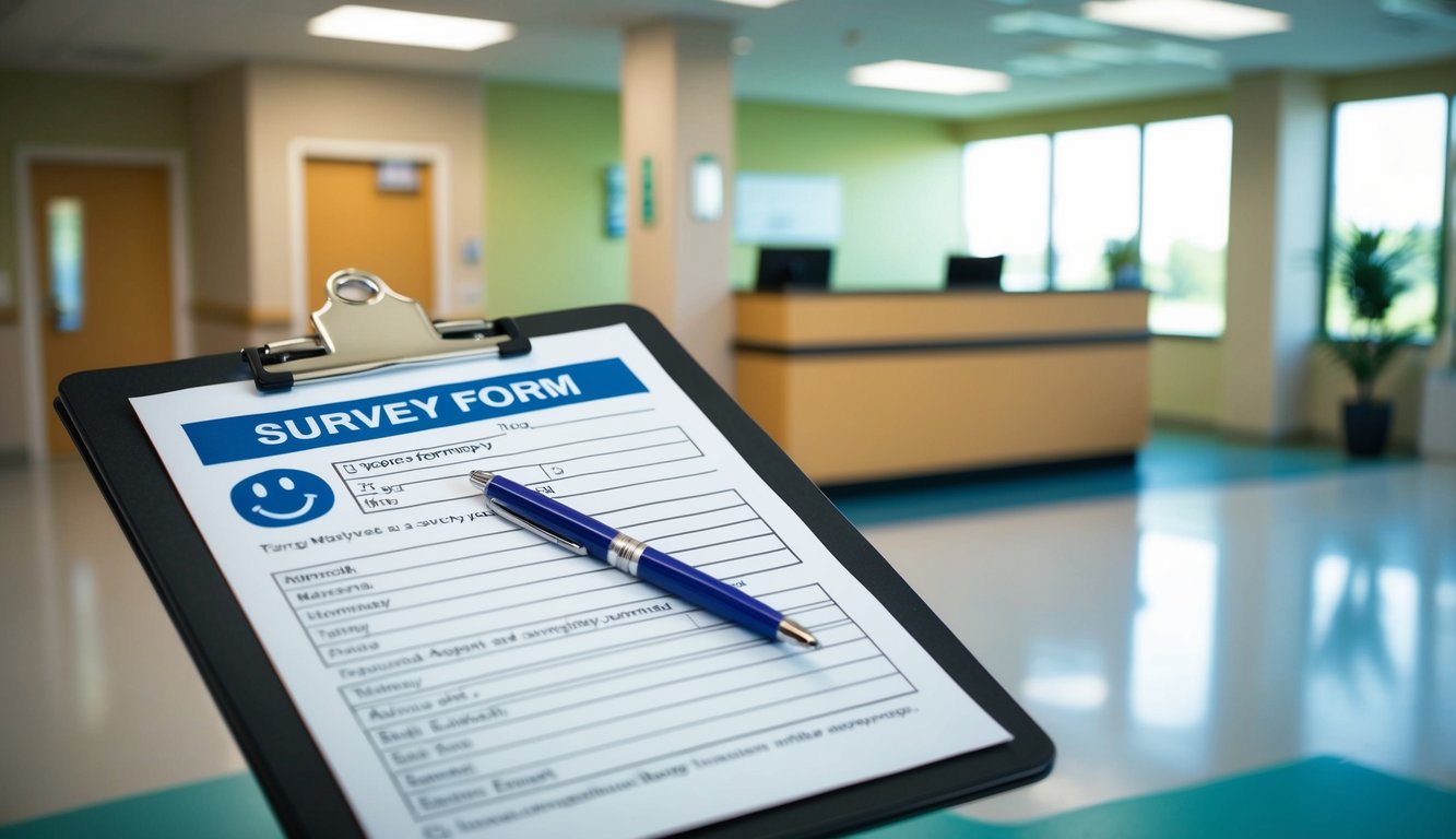 A clipboard with a survey form, a pen, and a smiling face icon. A hospital setting with a waiting room and a reception desk