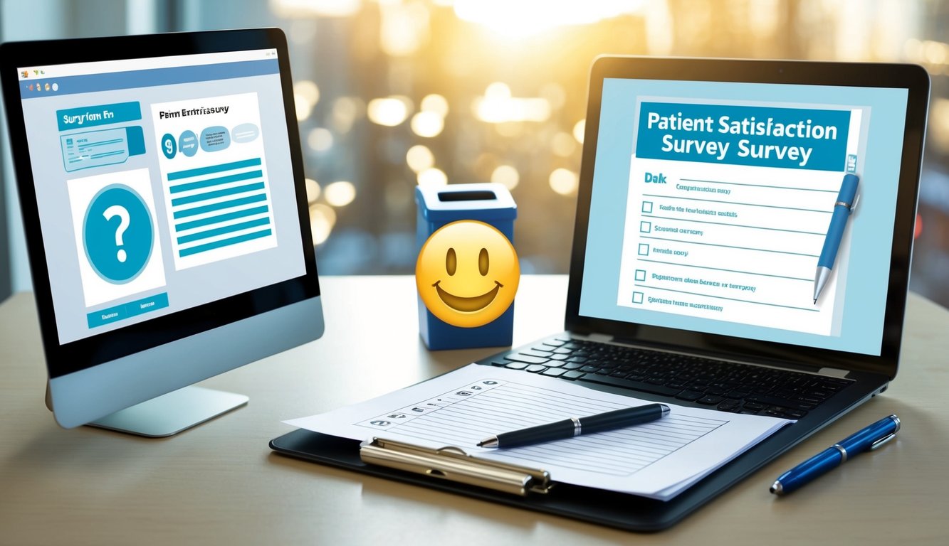 A clipboard with a blank survey form, a pen, and a smiling face emoji. A computer screen displaying a patient satisfaction survey. A suggestion box with a slot for feedback