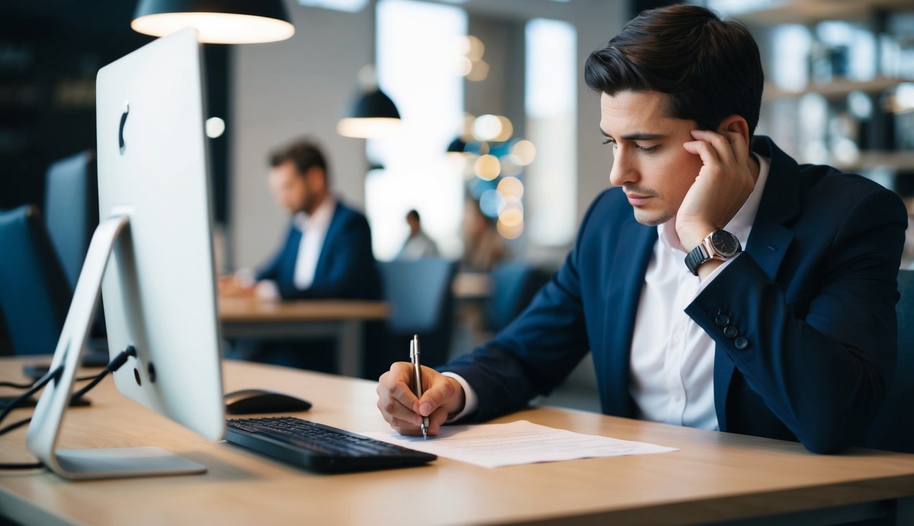 A person sitting at a desk, filling out a personality quiz on a computer or paper. The person is deep in thought, pondering each question carefully