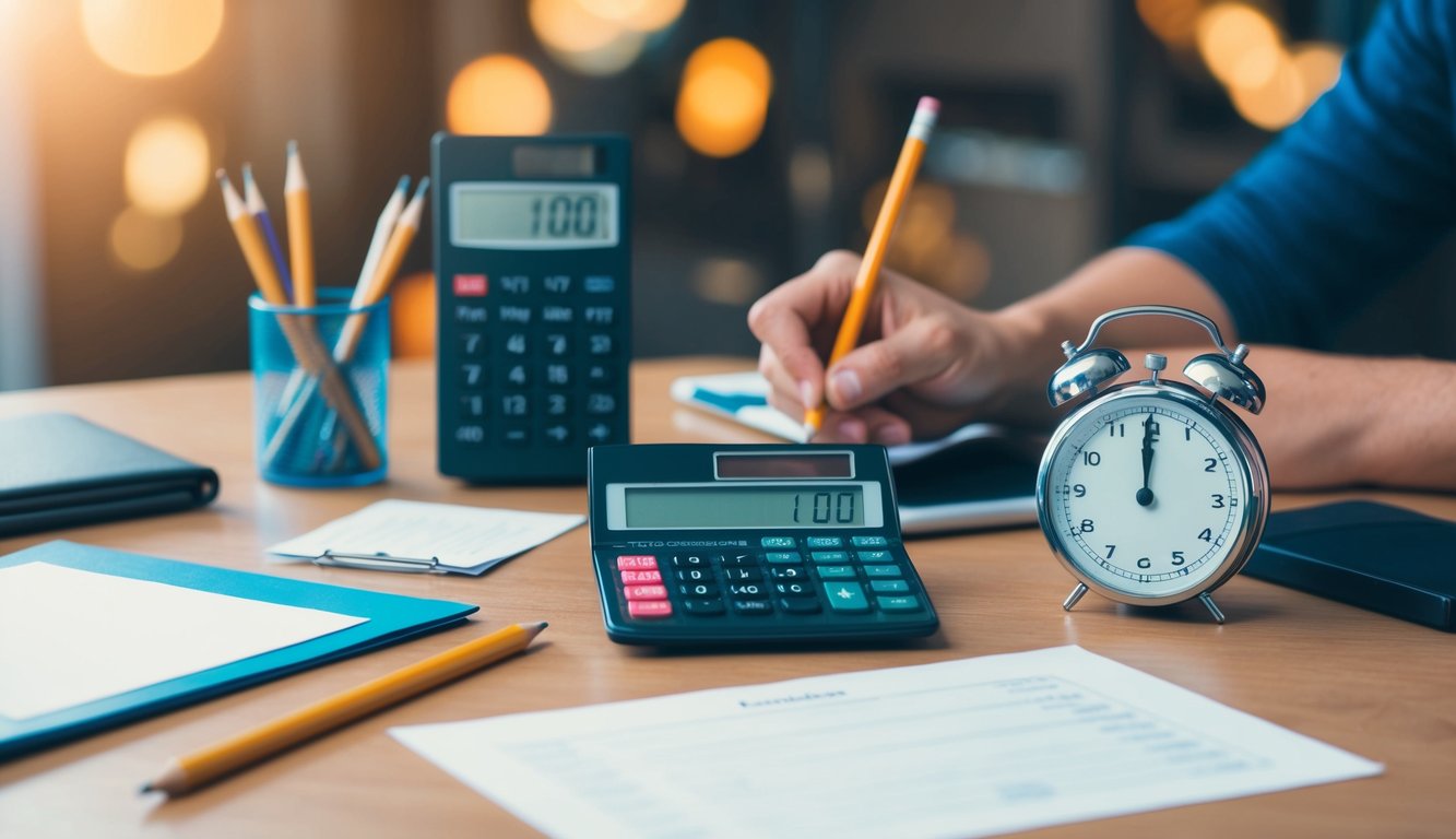 A group of diverse objects arranged on a table, including a pencil, paper, calculator, and timer, with a sense of anticipation and challenge in the air