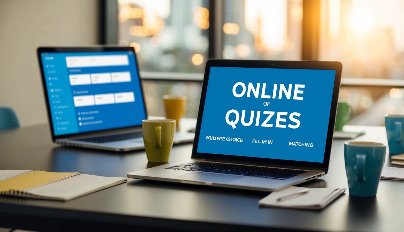 A table with various types of quizzes: multiple choice, true/false, fill in the blank, and matching. A laptop open to an online quiz platform