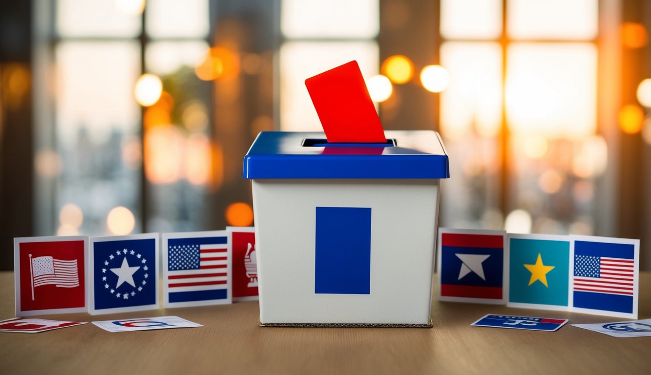 A ballot box surrounded by diverse symbols representing different political ideologies