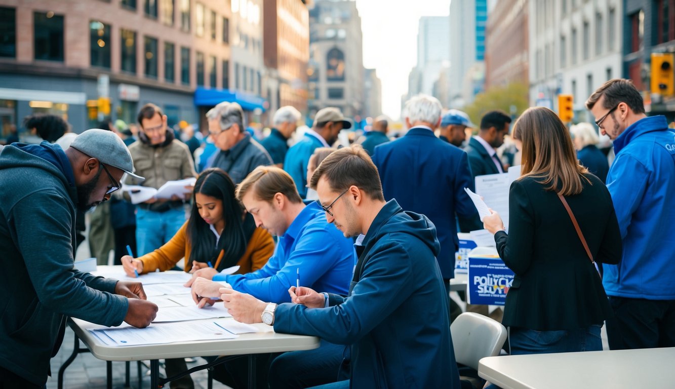 A diverse group of people filling out political surveys in a bustling city square. Tables and volunteers organize the process